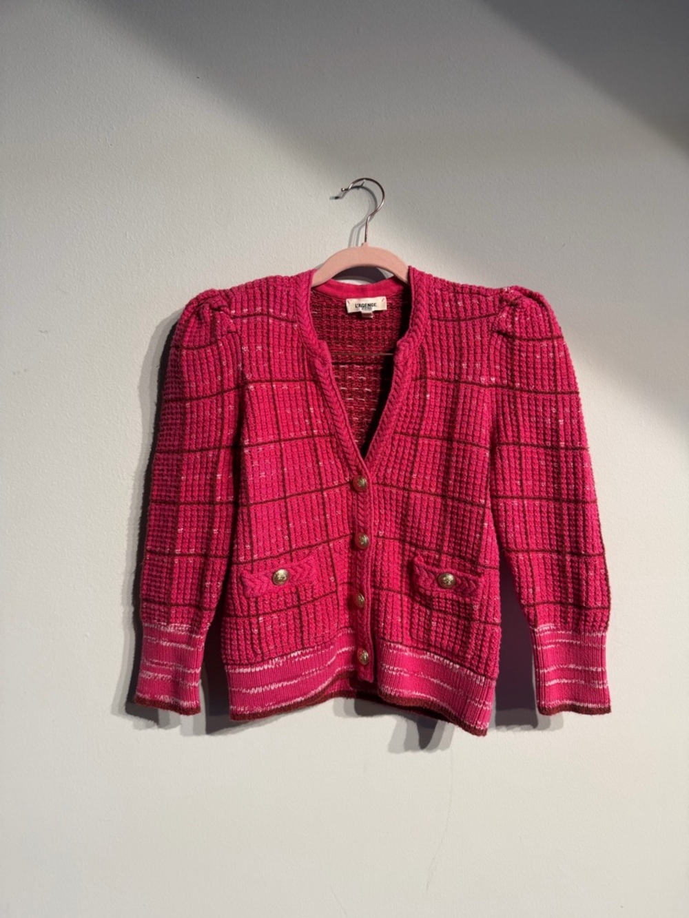 L'AGENCE Jenni Hot Pink Knit V-Neck Cardigan with Gold Buttons - Picture 3 of 4